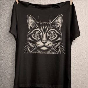 T-shirt with a detailed, colorful psychedelic cat design, blending alt and goth styles. Made with soft, eco-friendly cotton, ideal for crust punk, weirdcore, and dark academia enthusiasts seeking unique, vibrant fashion.