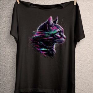 Vibrant Psychedelic Cat T-Shirt featuring a colorful cat in a glitch art style with neon pink, blue, and green accents on a dark background, symbolizing alternative and rave fashion.