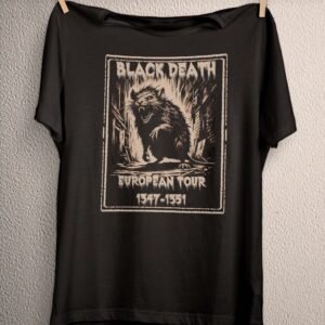 Black Death T-shirt with detailed rat and plague doctor imagery, combining medieval, gothic, and satanic elements in a dark, stylish design for enthusiasts of goth aesthetic, alt fashion, and death metal culture, crafted for comfort, statement wear.