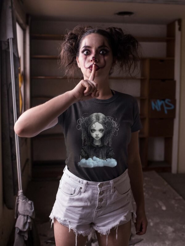 a woman wearing a t - shirt with a picture of a woman's face