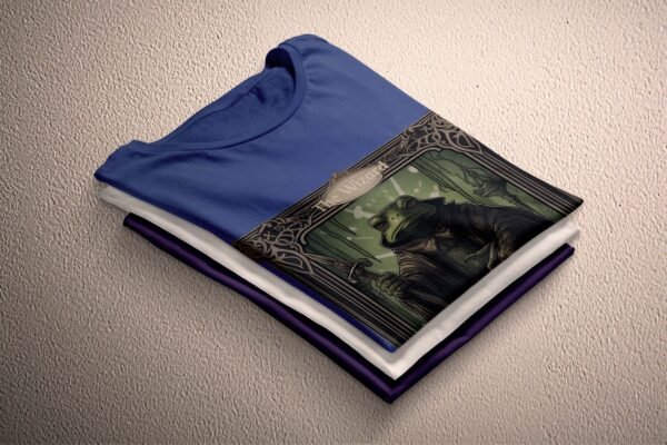 a folded t - shirt with a picture of a wizard on it