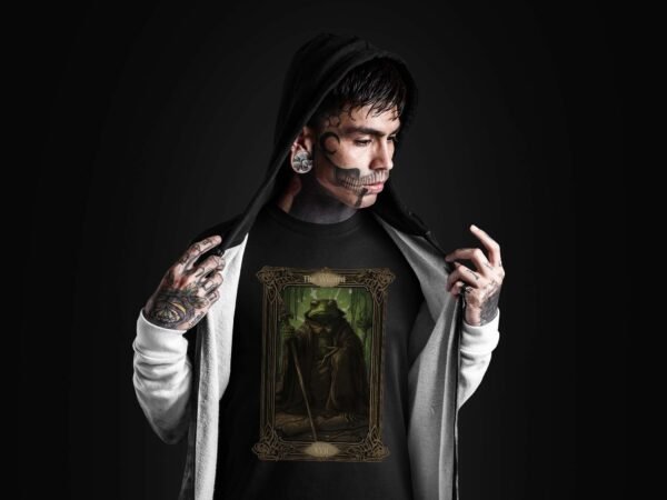 a man wearing a black shirt with a painting on it