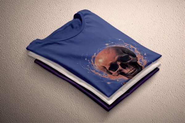 a blue shirt with a picture of a skull on it