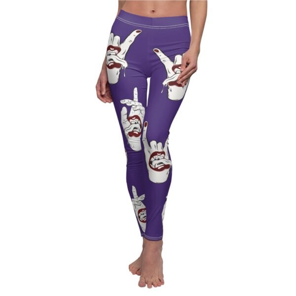 a woman wearing purple leggings with a peace sign on it