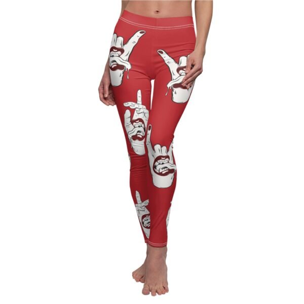 a woman in red leggings with a peace sign on it