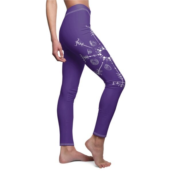 a woman wearing purple leggings with hearts on them