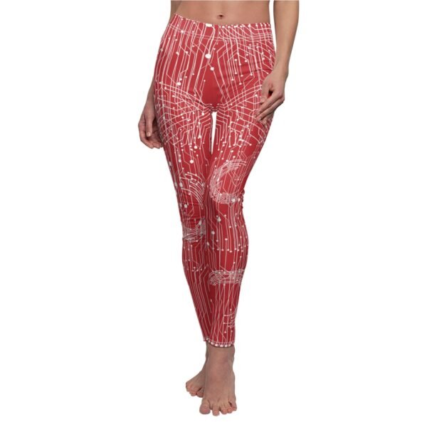 a woman wearing a red and white patterned leggings