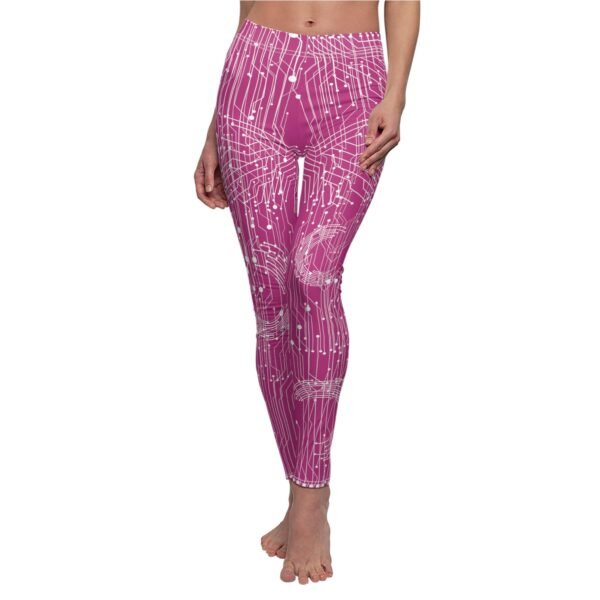 a woman wearing a pink patterned leggings