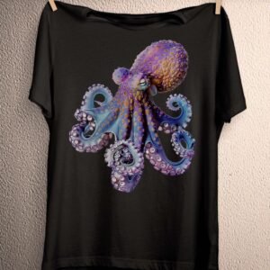 a t - shirt with an octopus on it hanging on a clothes line