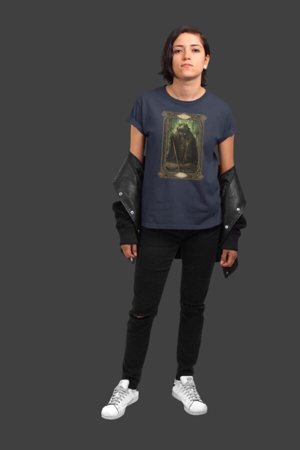 a woman wearing a t - shirt with a picture of a man on it