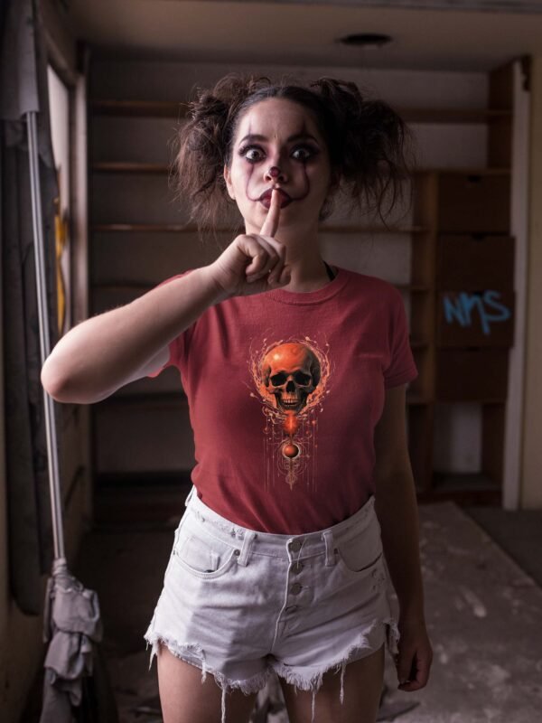 a woman wearing a red shirt with a skull on it