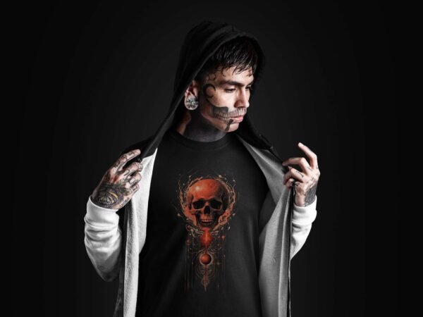 a man wearing a black shirt with a skull on it