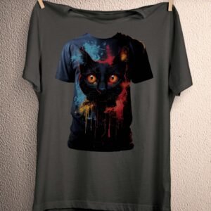 a t - shirt with a black cat on it