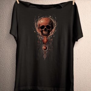 a black t - shirt with a skull on it hanging on a clothes line