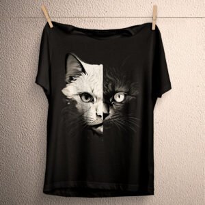 Cat Face Split Graphic T-Shirt Creepy Cute Psychedelic Top Shirt Apparel Gift Goth Plus Size Apparel for Cat Lovers Artistic Design T-Shirt