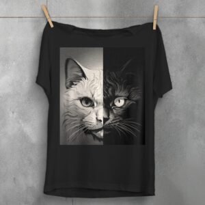 Cat Yin Yang Design T-Shirt Creepy Cute Unique Feline Artwork Shirt Cool Cat Lovers Gift Plus Size Goth Apparel Top Kitty Themed Clothing