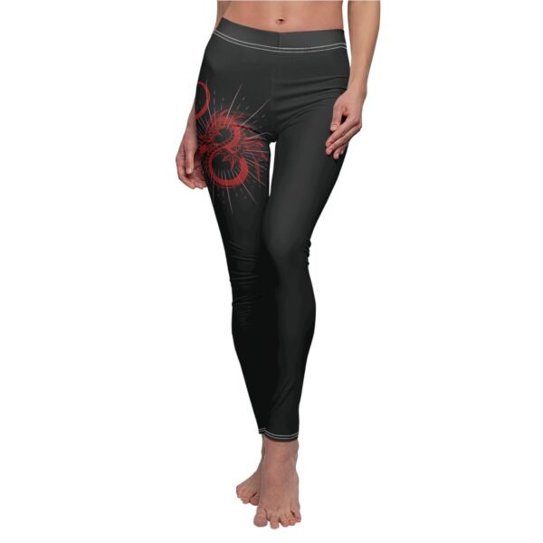 a woman's leggings with a red and black design