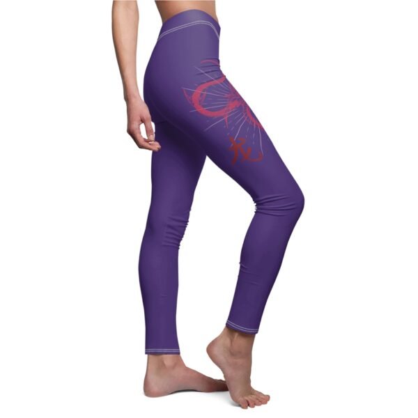 a woman in purple leggings with a dragon on the side