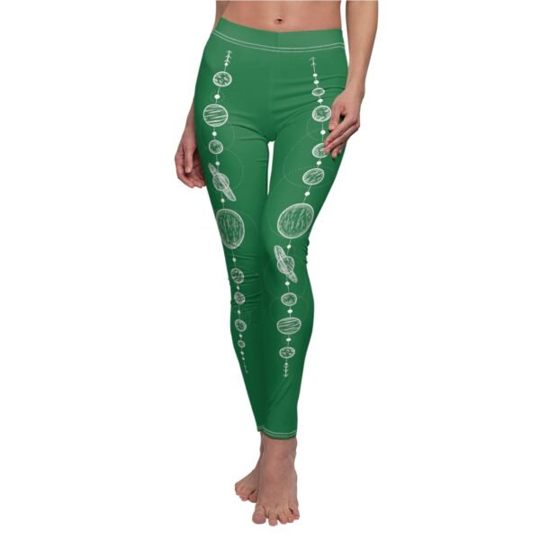 a women's green leggings with a picture of different foods on it