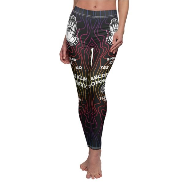 a woman wearing leggings with a design on it