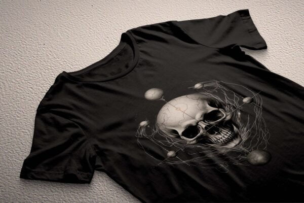 a black t - shirt with a skull on it