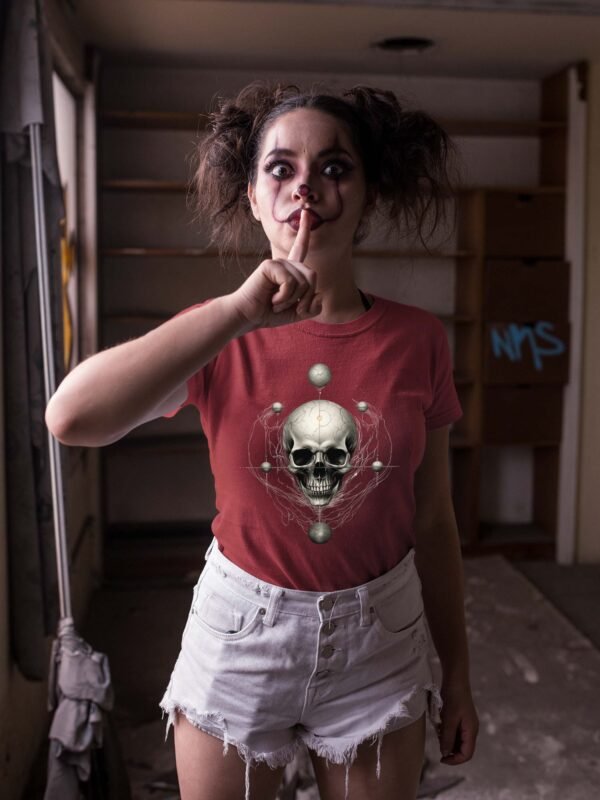 a woman with a fake skull on her shirt