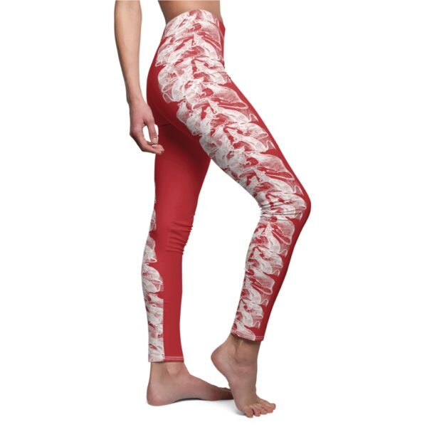 a woman in red and white patterned leggings