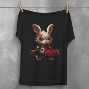 Gothic Warrior Rabbit T-Shirt - Dark Fantasy Bunny Tee for Alternative Punk and Gothic Style Enthusiasts