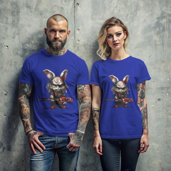 a man with tattoos wearing a grey shirt with a rabbit on it