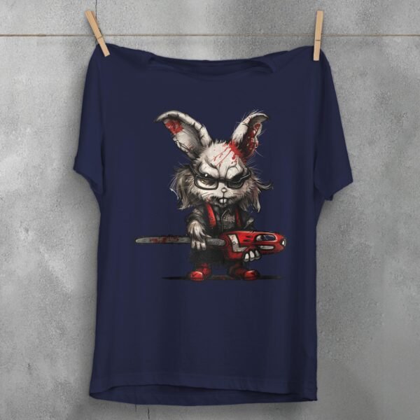 a green shirt with a rabbit holding a chainsaw