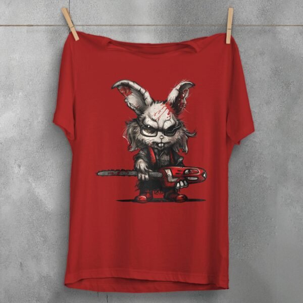 a black shirt with a picture of a rabbit holding a knife