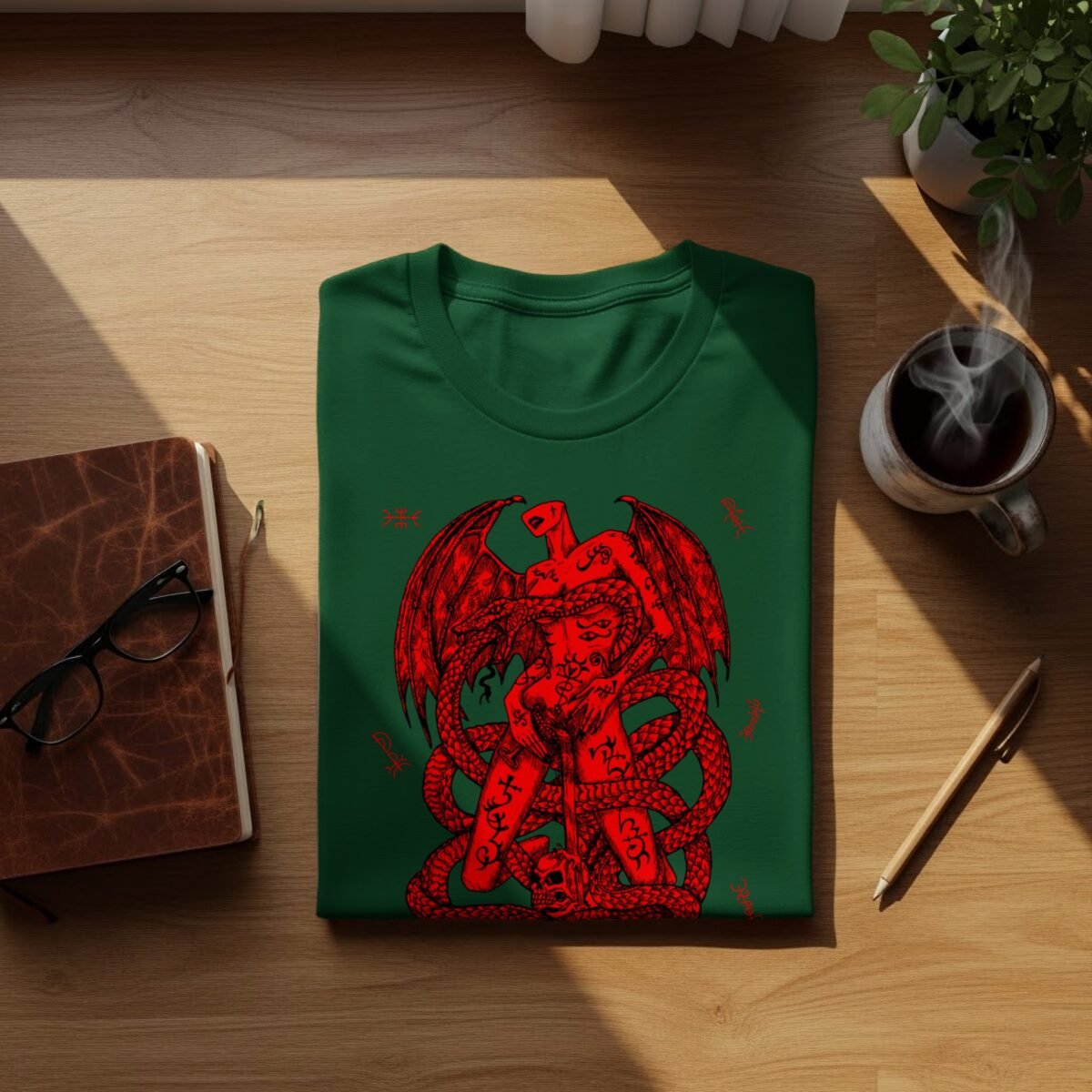 devil crimson serpent embrace occult pagan gothic t-shirt design, variation 9