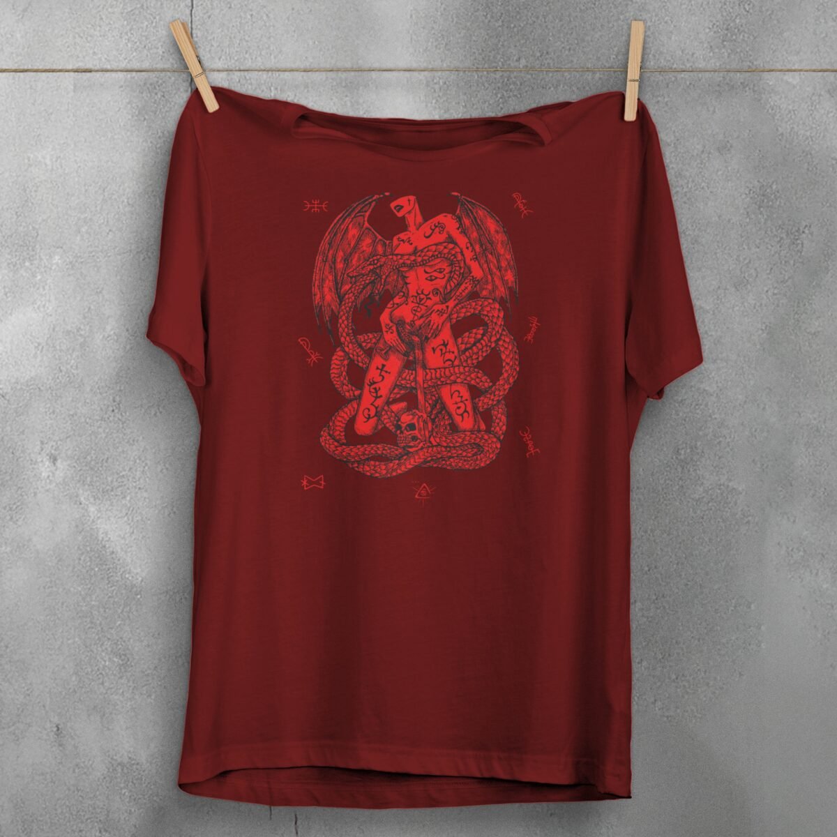 devil crimson serpent embrace occult pagan gothic t-shirt design, variation 7