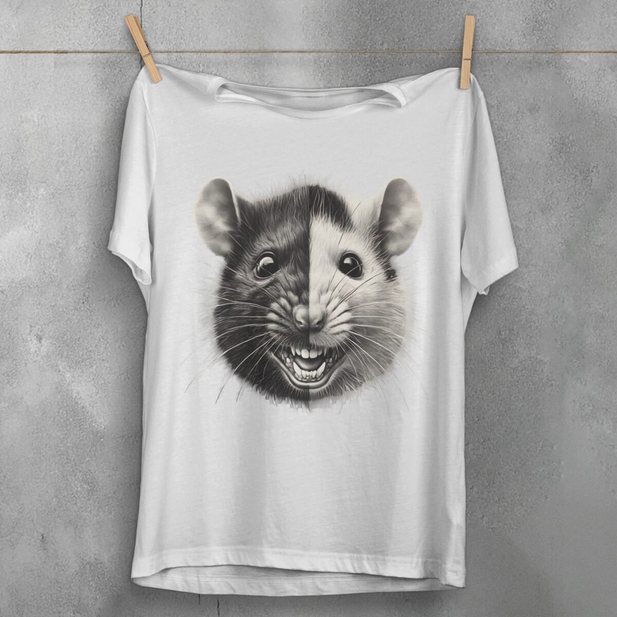 two faces joker rat black white art illustration t-shirt design, variation 2