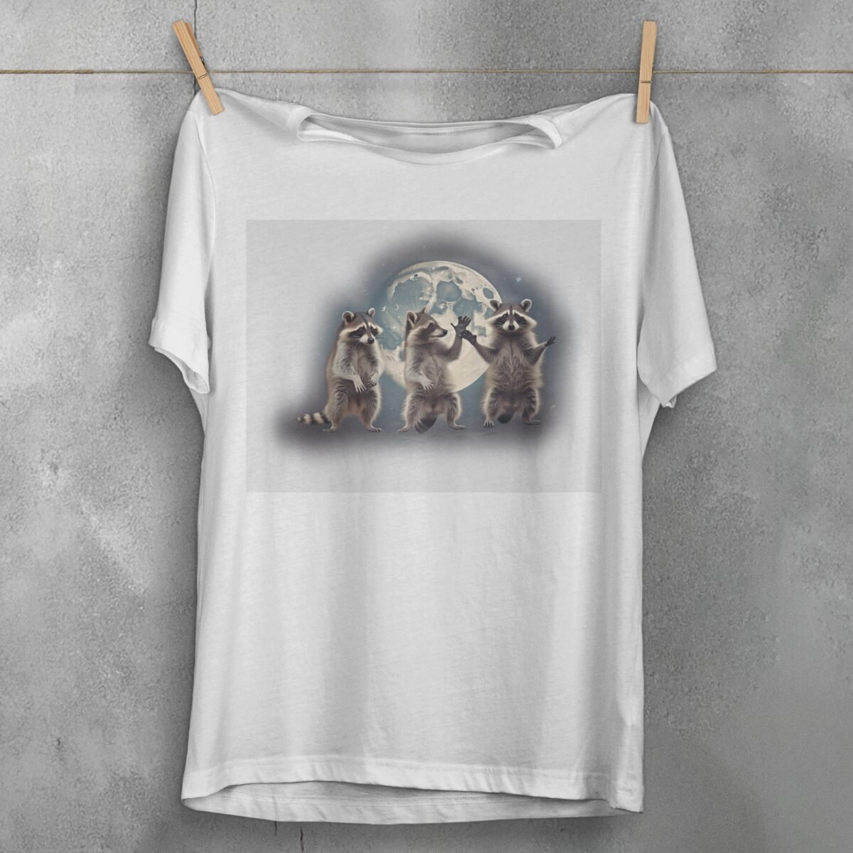 three raccoons gather luminous moon animal t-shirt design, variation 2