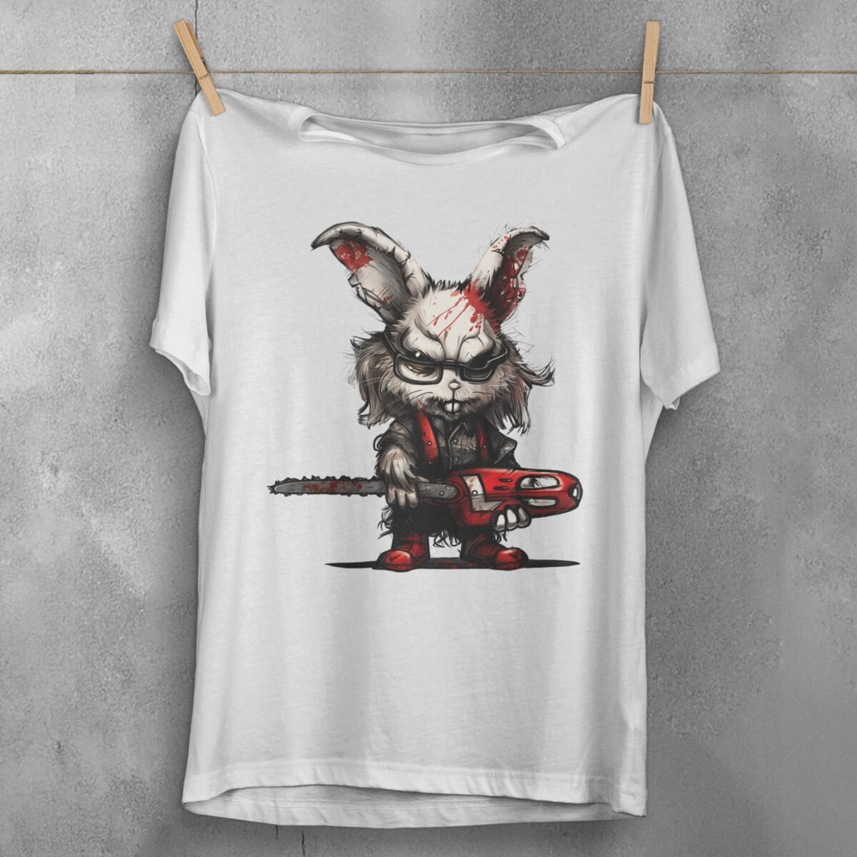 evil white rabbit chainsaw creepy cute gothic animal t-shirt design, variation 2