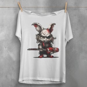 evil white rabbit chainsaw creepy cute gothic animal t-shirt design, variation 2