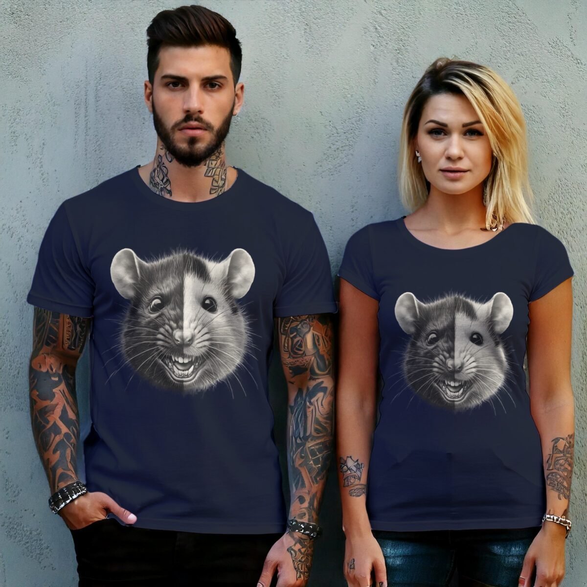 two faces joker rat black white art illustration t-shirt design, variation 8