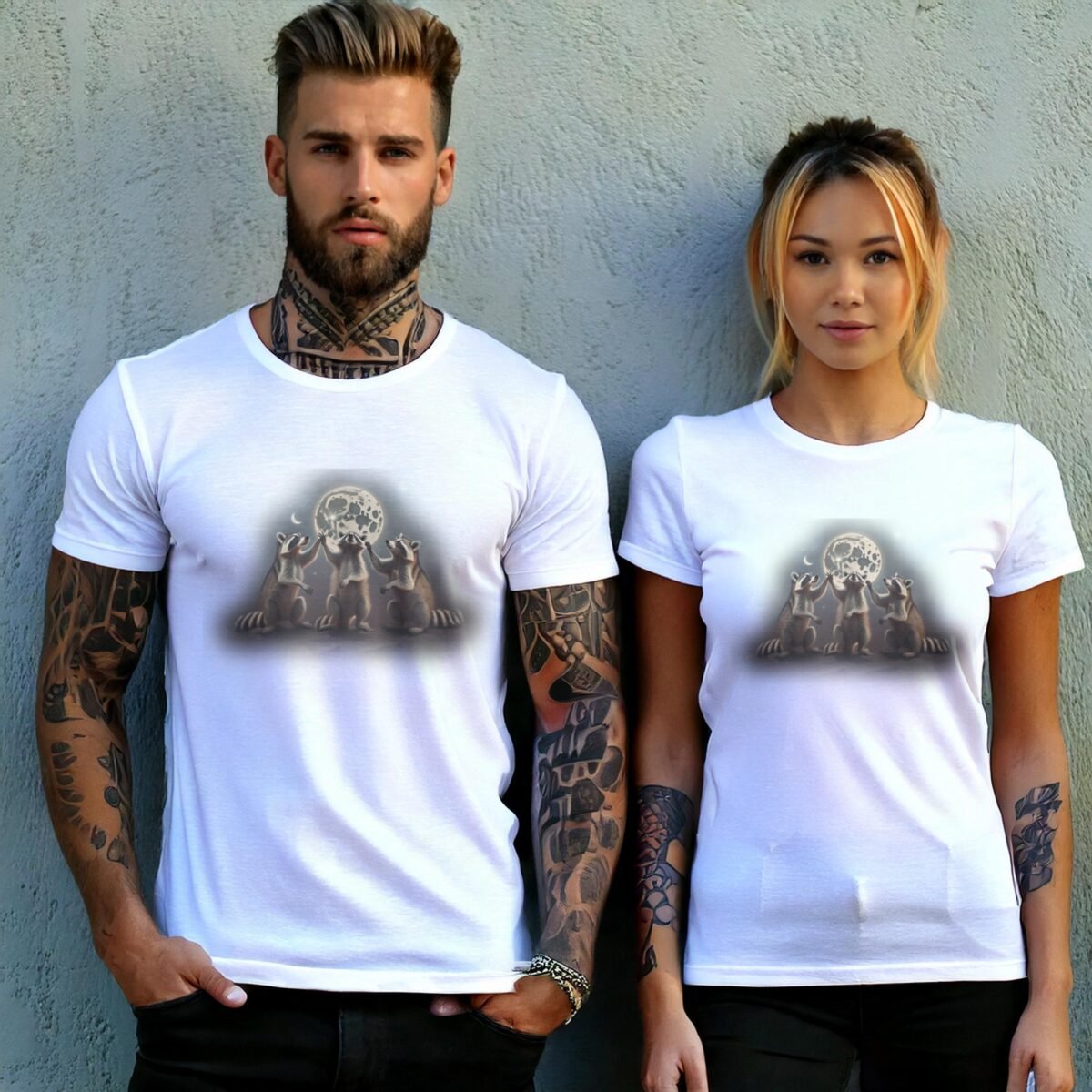 three raccoons singing moonlight animal t-shirt design, variation 9