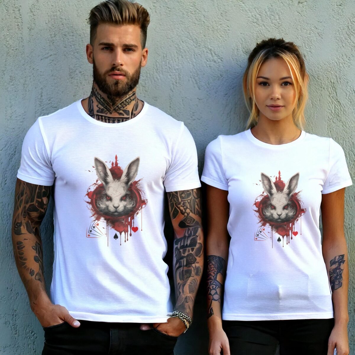 alice wonderland white rabbit animal cards gothic scary t-shirt design, variation 9