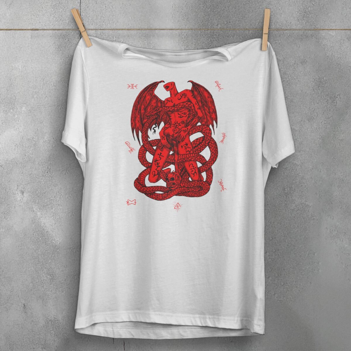 devil crimson serpent embrace occult pagan gothic t-shirt design, variation 3