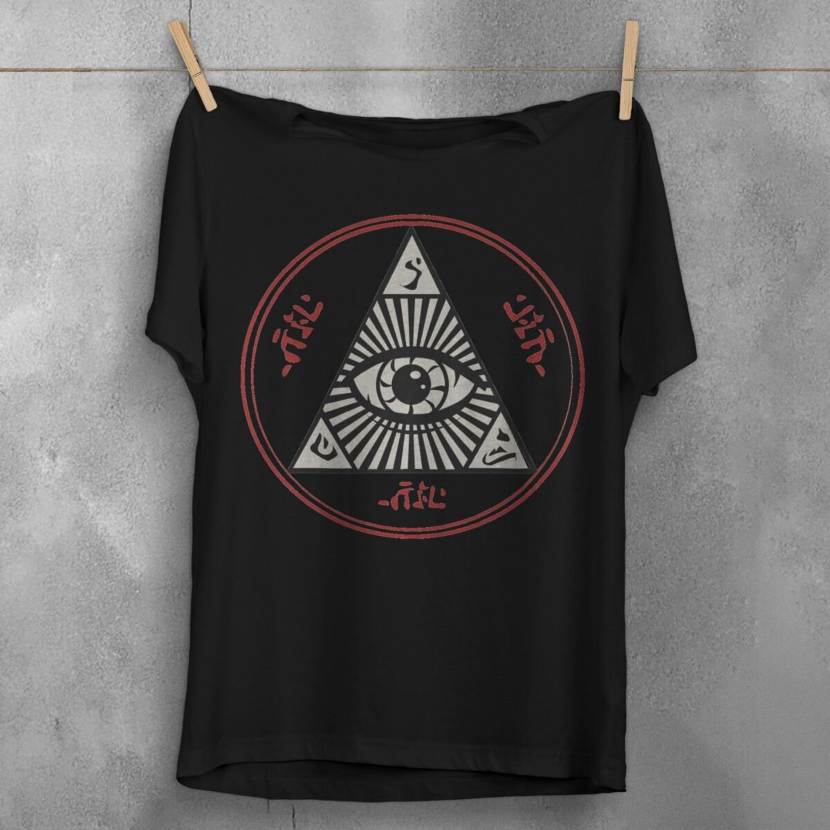 all seeing eye mysterious circle occult style t-shirt design, variation 1