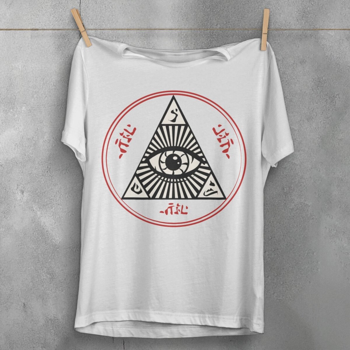 all seeing eye mysterious circle occult style t-shirt design, variation 2