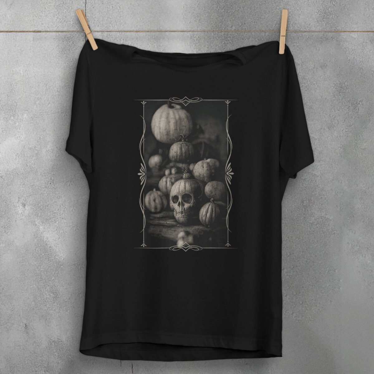 autumn skeleton pumpkins gothic halloween season unique t-shirt design, variation 1