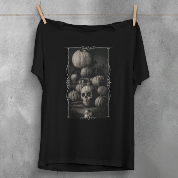autumn skeleton pumpkins gothic halloween season unique t-shirt design, variation 1