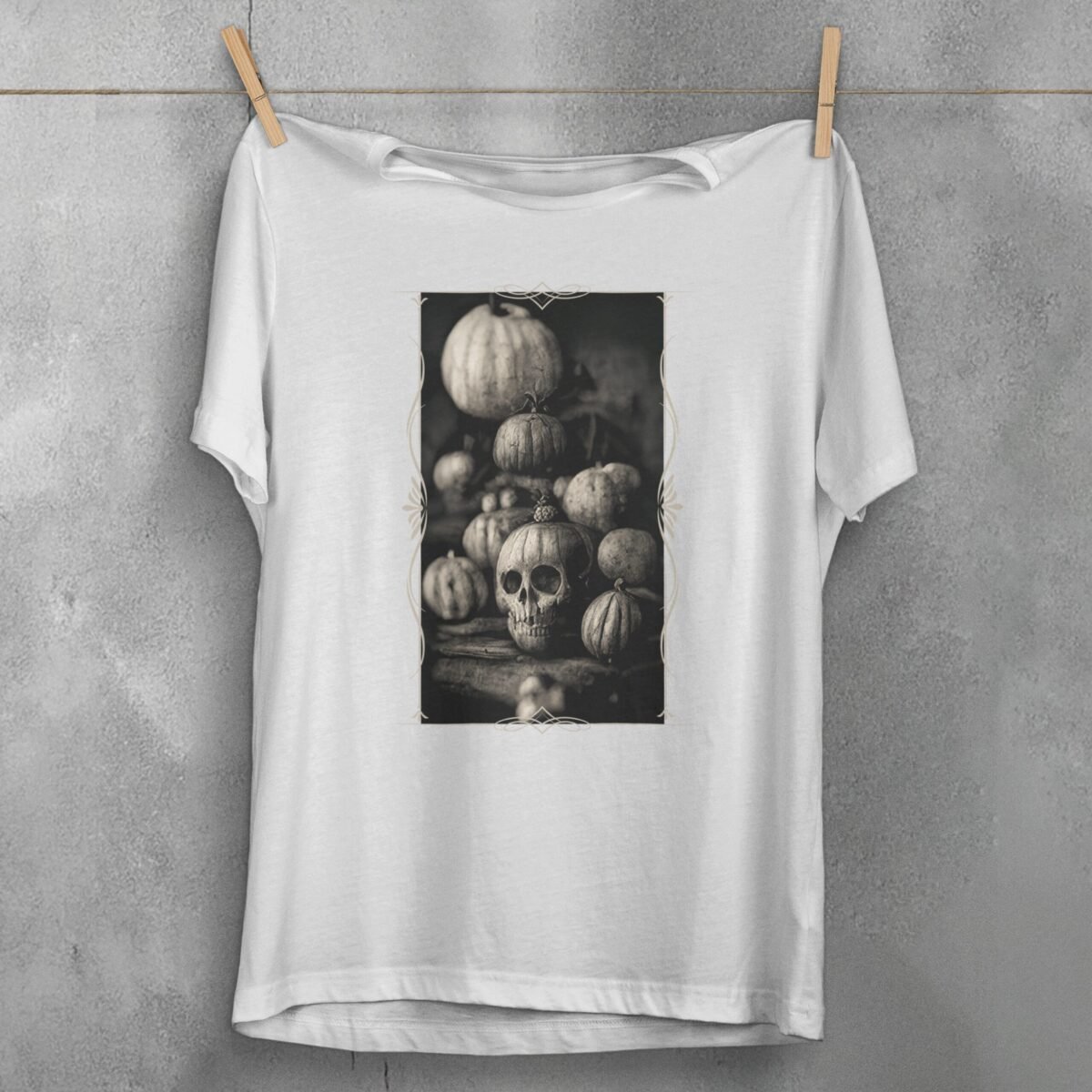 autumn skeleton pumpkins gothic halloween season unique t-shirt design, variation 2