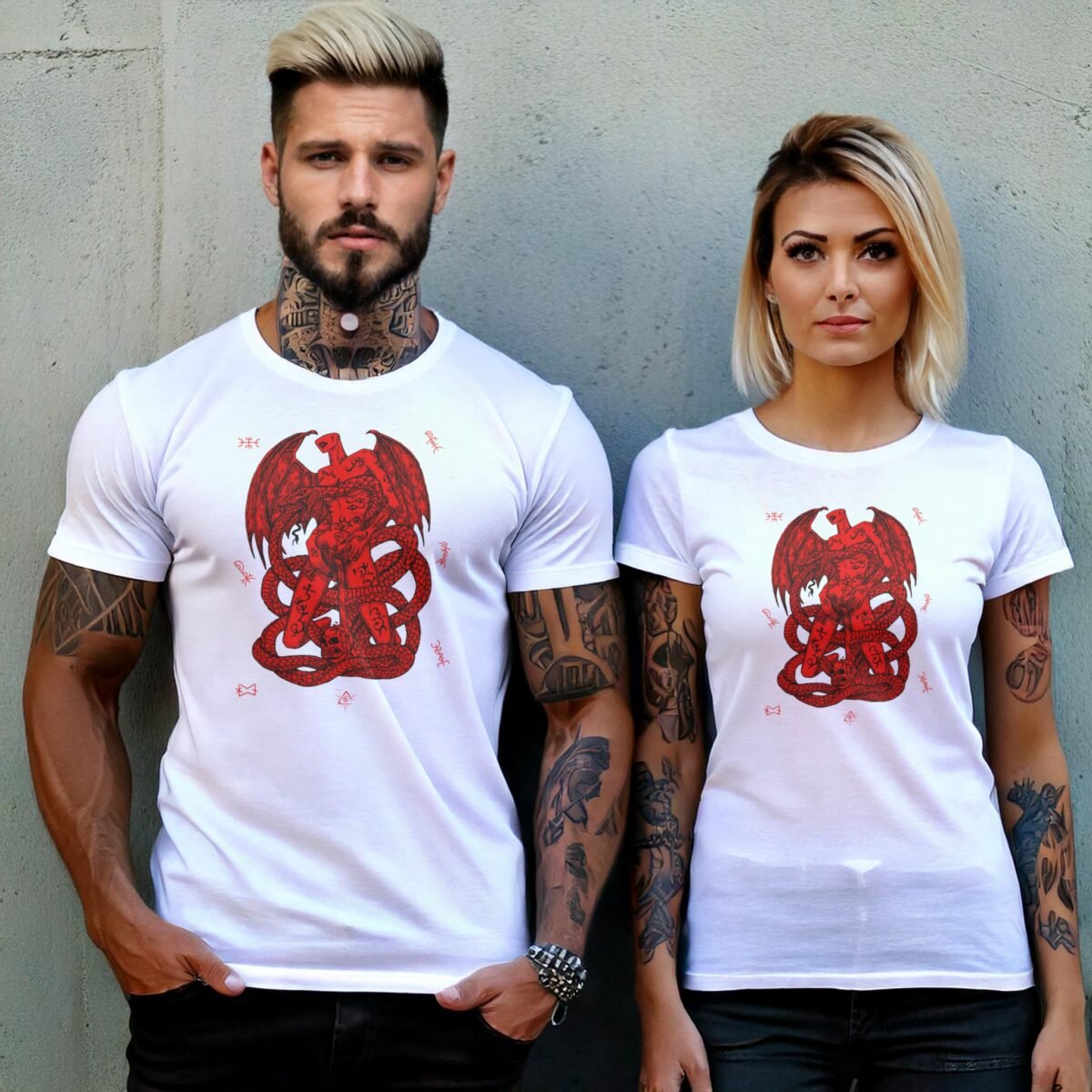 devil crimson serpent embrace occult pagan gothic t-shirt design, variation 8