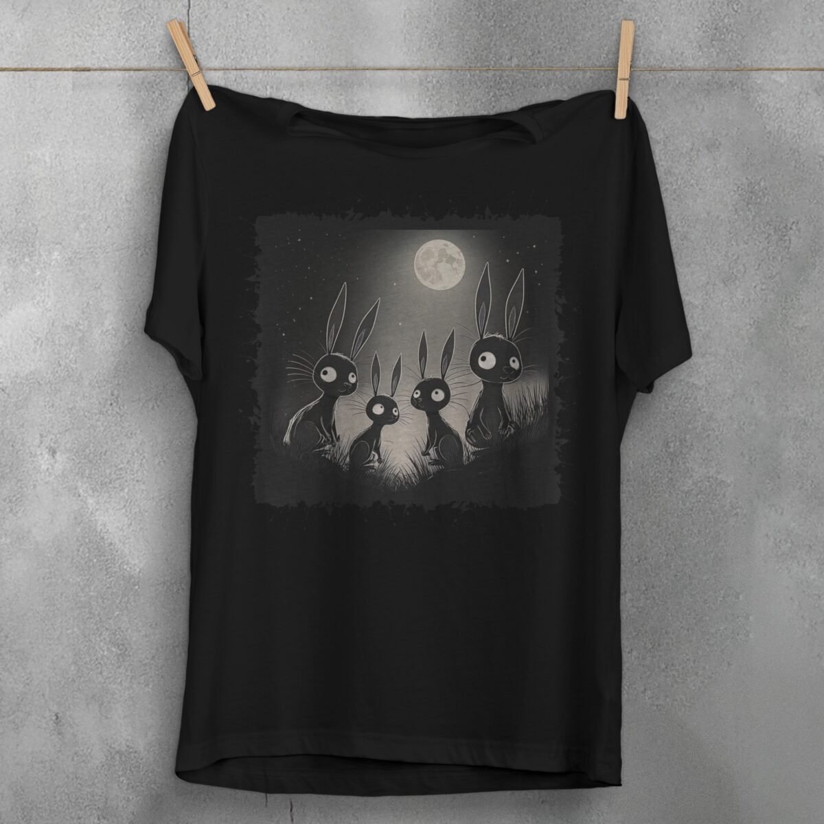 black rabbits watching full moon gothic animal t-shirt design, variation 1