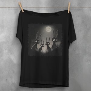 black rabbits watching full moon gothic animal t-shirt design, variation 1
