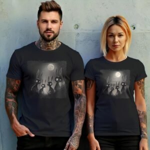 black rabbits watching full moon gothic animal t-shirt design, variation 10